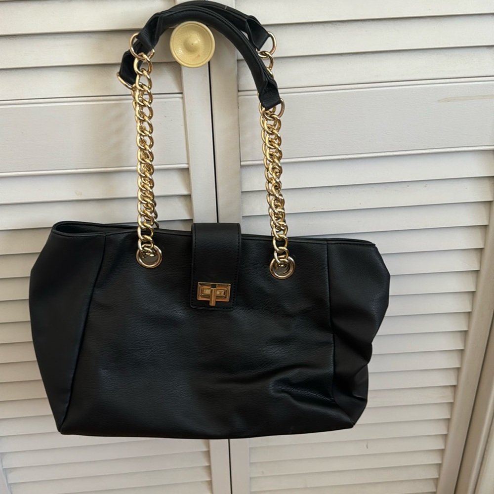 Black tote purse with gold chain handles